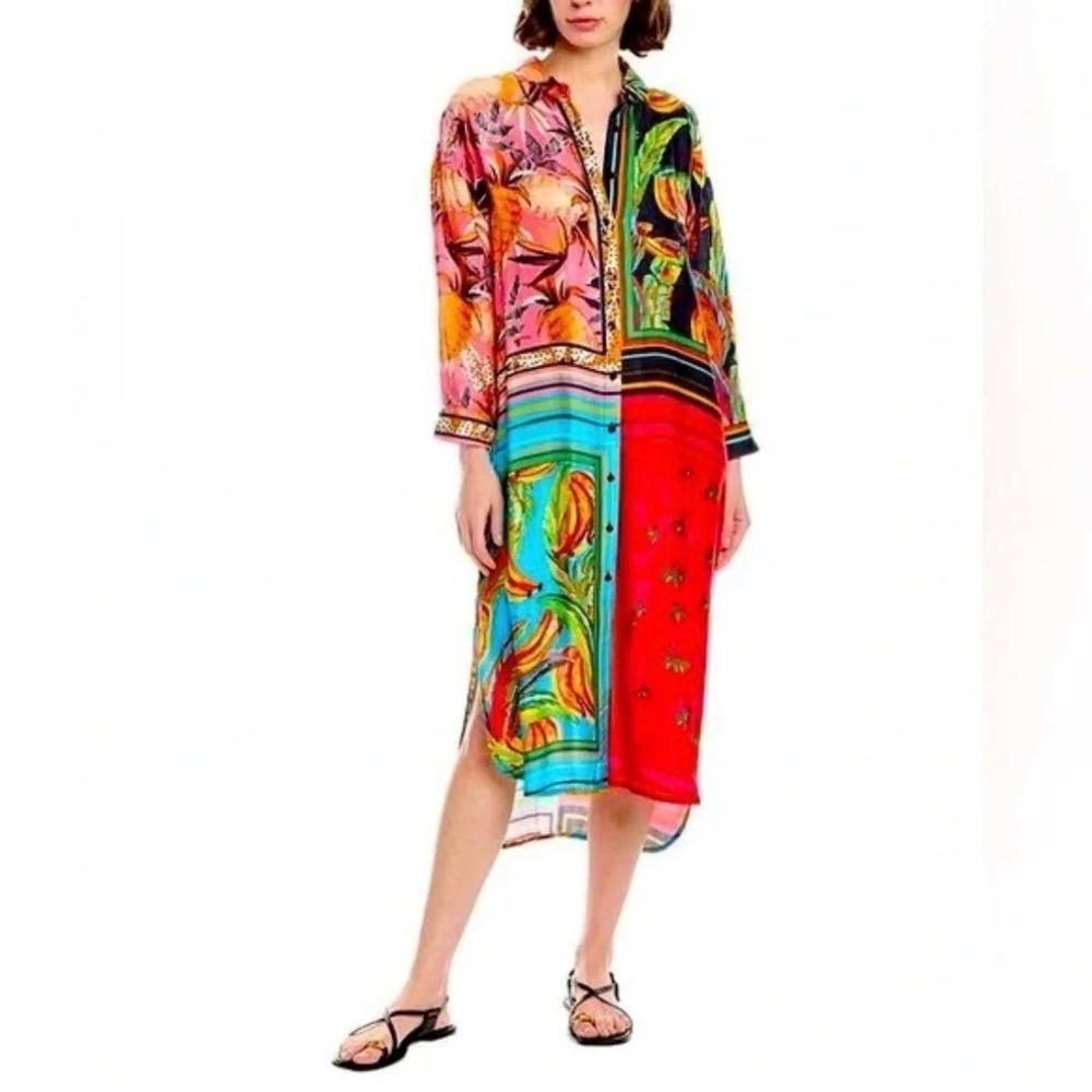 Farm Rio Shirt Dress Women XL Multicolor Scarf Print Tropical Fruit High-Low